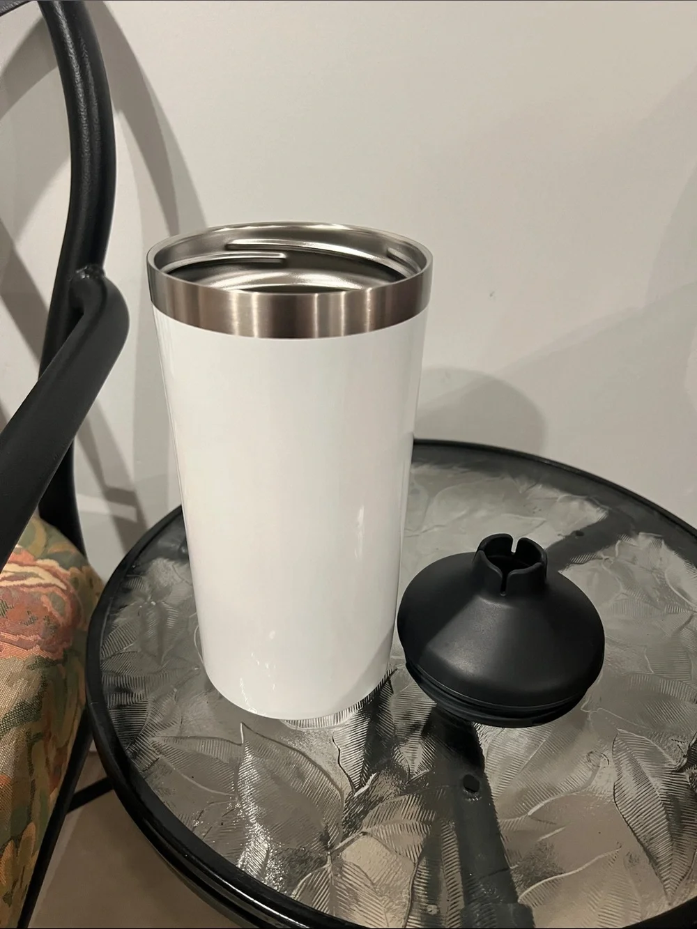 Wine Bottle Cooler-White Stainless Travel Tumbler with Black Lid